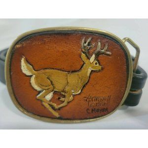 Vintage 1981 handmade solid brass, raised deer on leather belt buckle - signed